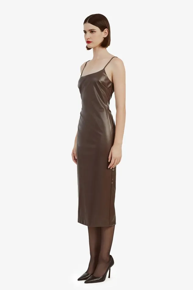Women Bardot Day To Night Dresses Helena Vegan Leather Dress In Chocolate Women Bardot Day To Night Dresses Helena Vegan Leather Dress In Chocolate