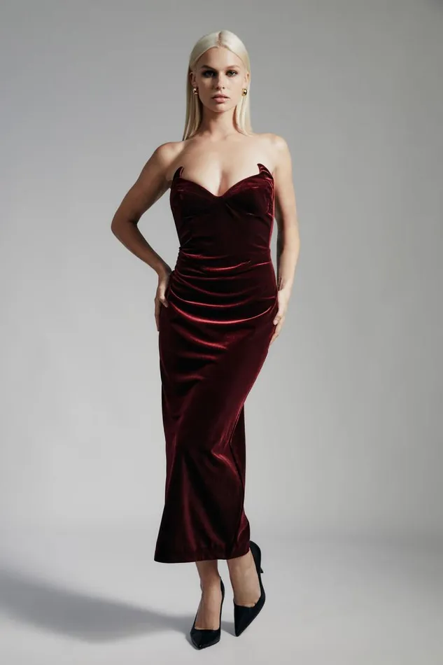Women Bardot Party Dresses Camellia Velour Midi Dress In Burgundy