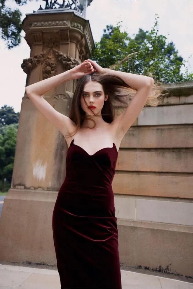 Women Bardot Party Dresses Camellia Velour Midi Dress In Burgundy Women Bardot Party Dresses Camellia Velour Midi Dress In Burgundy