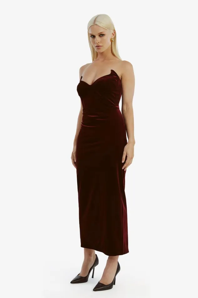 Women Bardot Party Dresses Camellia Velour Midi Dress In Burgundy Women Bardot Party Dresses Camellia Velour Midi Dress In Burgundy