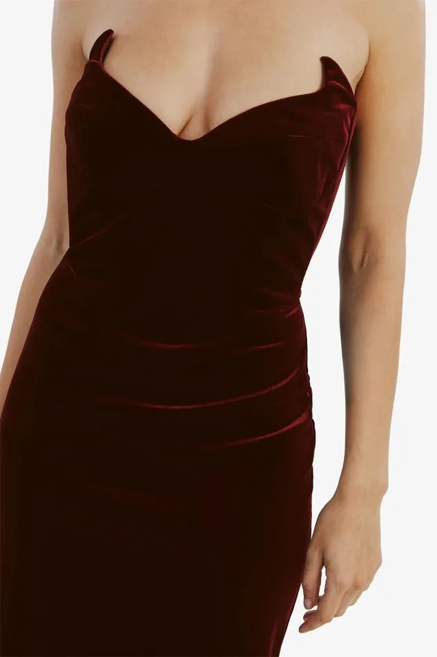 Women Bardot Party Dresses Camellia Velour Midi Dress In Burgundy Women Bardot Party Dresses Camellia Velour Midi Dress In Burgundy