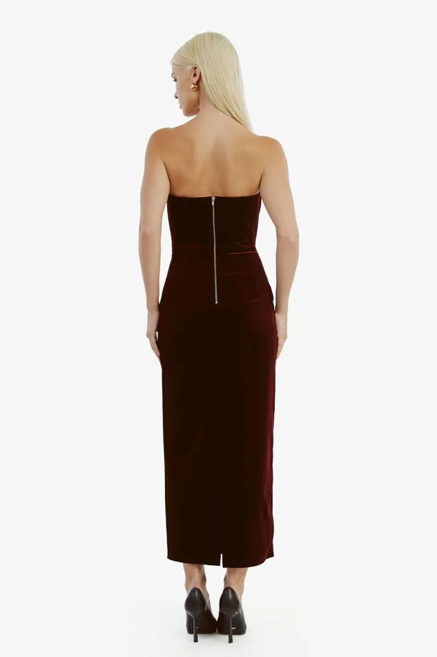 Women Bardot Party Dresses Camellia Velour Midi Dress In Burgundy Women Bardot Party Dresses Camellia Velour Midi Dress In Burgundy