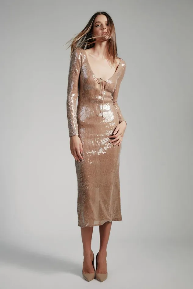 Women Bardot Party Dresses Verona Sequin Maxi Dress In Nude
