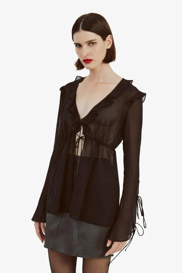 Women Bardot Party Tops Dhalia Frill Blouse In Black Women Bardot Party Tops Dhalia Frill Blouse In Black