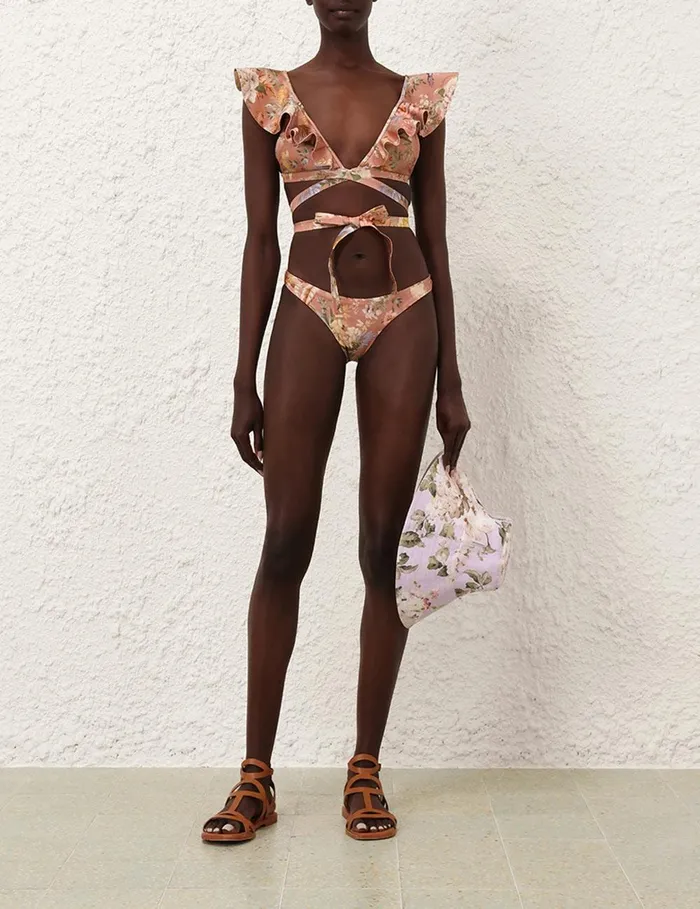 Women Bikinis Zimmermann Tallow Wrap Ruffle Bikini Tropical Oasis Pink