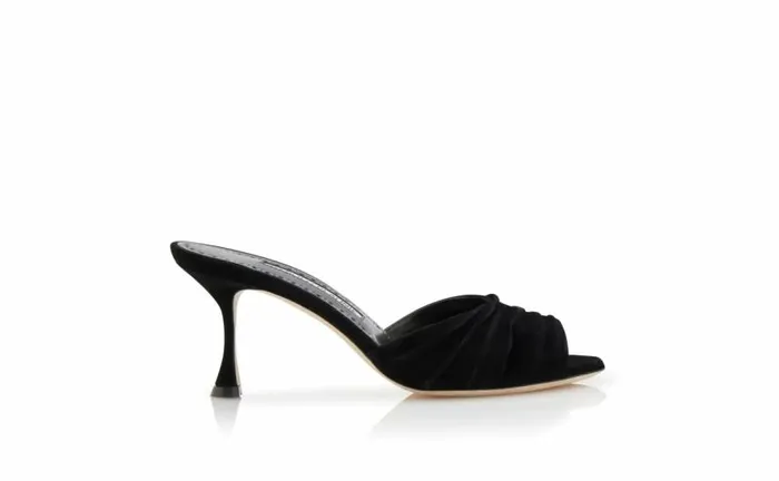 Women Black Suede Ruched Open Toe Mules Manolo Blahnik Mules