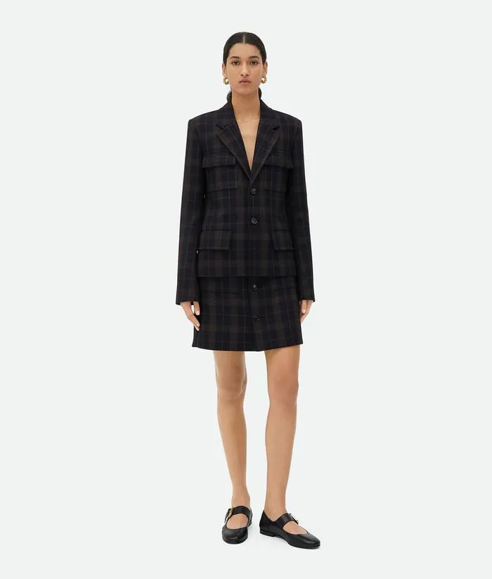 Women Bottega Veneta Jackets Checked Cotton Mouline Jacket Bluebrown