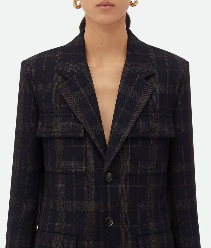 Women Bottega Veneta Jackets Checked Cotton Mouline Jacket Bluebrown