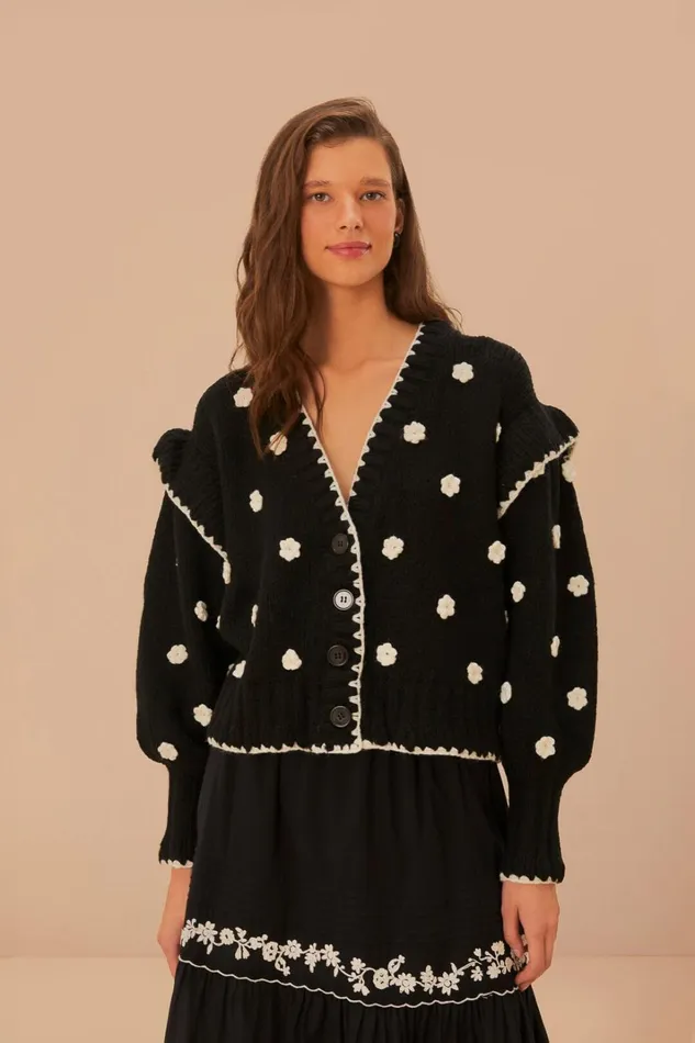 Women Cardigans Farm Rio Black And White Flowers Knit Cardigan