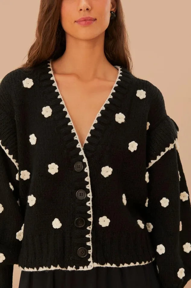Women Cardigans Farm Rio Black And White Flowers Knit Cardigan