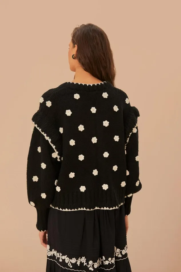 Women Cardigans Farm Rio Black And White Flowers Knit Cardigan
