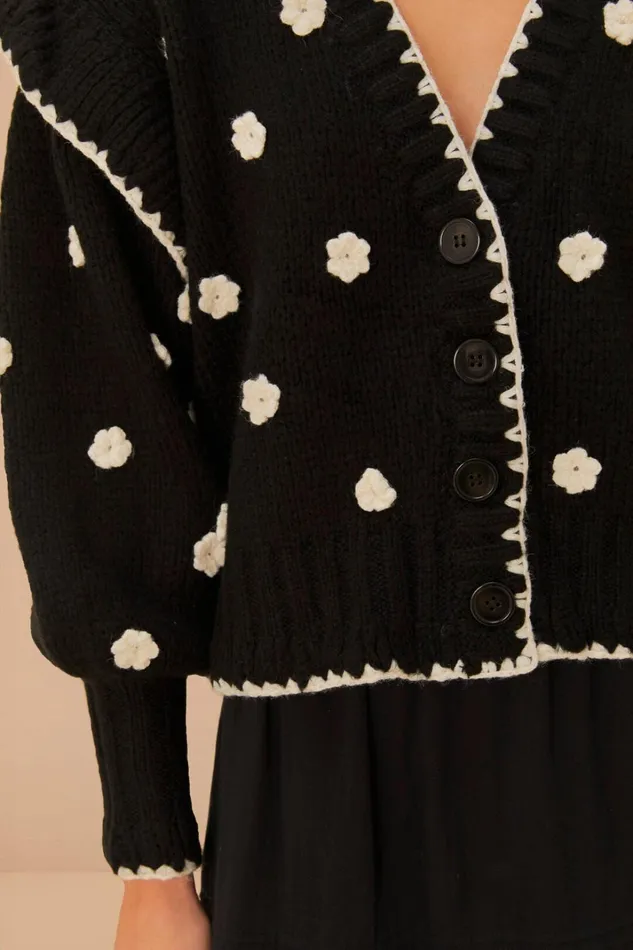 Women Cardigans Farm Rio Black And White Flowers Knit Cardigan