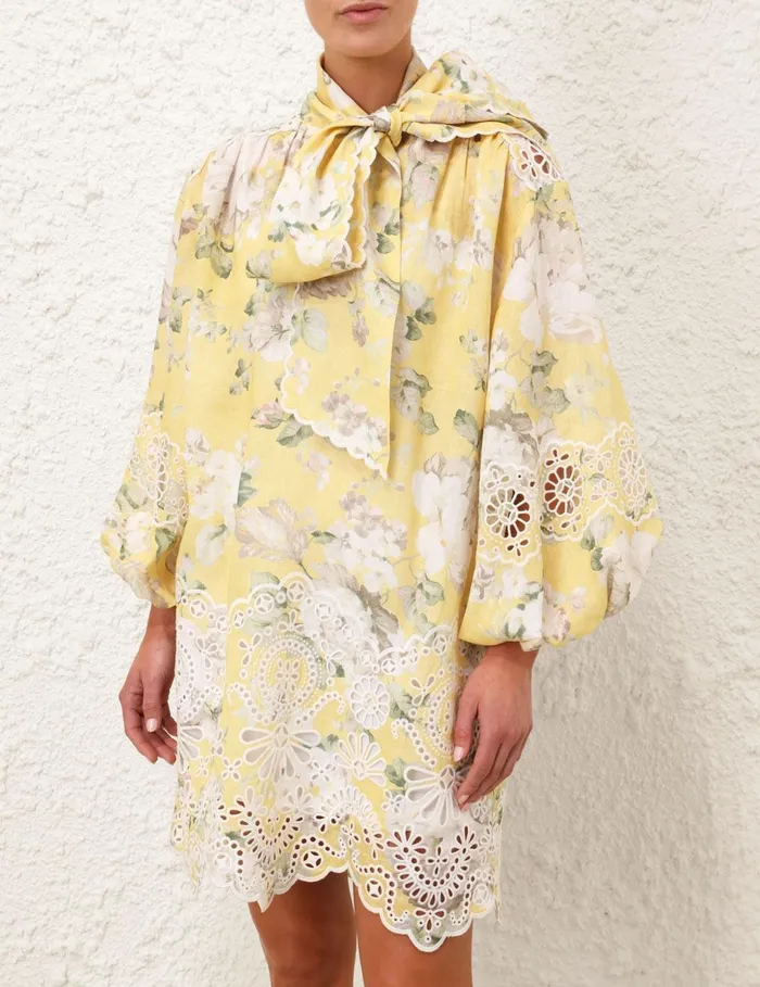 Women Clothing Zimmermann Acacia Broderie Tie Mini Dress Yellow Floral