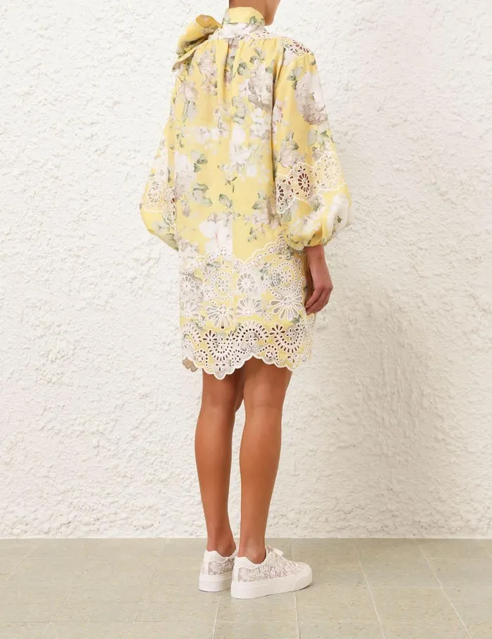 Women Clothing Zimmermann Acacia Broderie Tie Mini Dress Yellow Floral