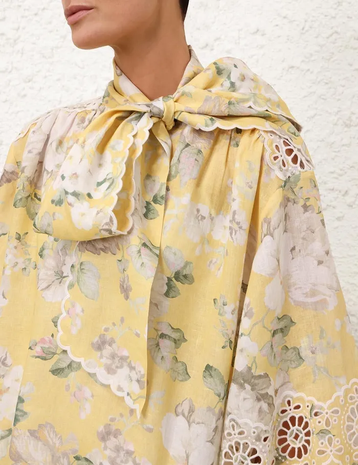 Women Clothing Zimmermann Acacia Broderie Tie Mini Dress Yellow Floral