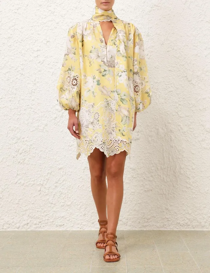 Women Clothing Zimmermann Acacia Broderie Tie Mini Dress Yellow Floral