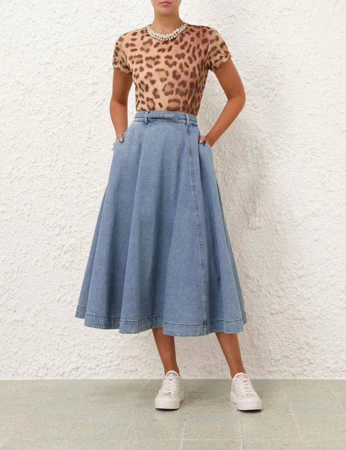 Women Clothing Zimmermann Crush Denim Full Midi Skirt Blue Moon