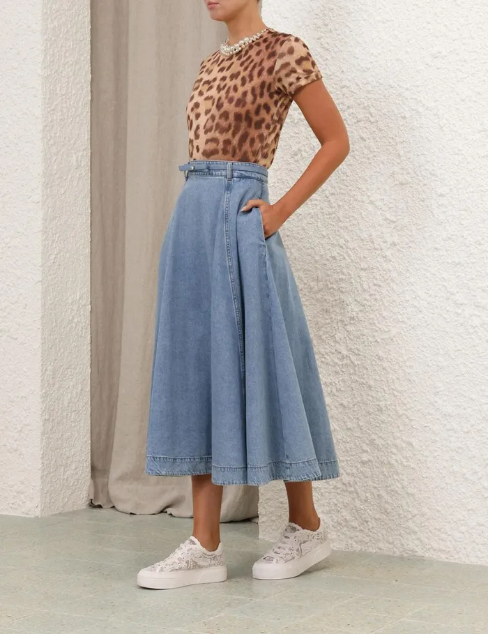Women Clothing Zimmermann Crush Denim Full Midi Skirt Blue Moon