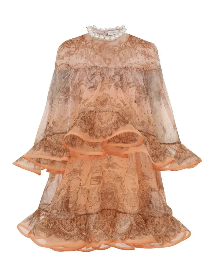 Women Clothing Zimmermann Crush Embellished Mini Dress Peach Lace Print