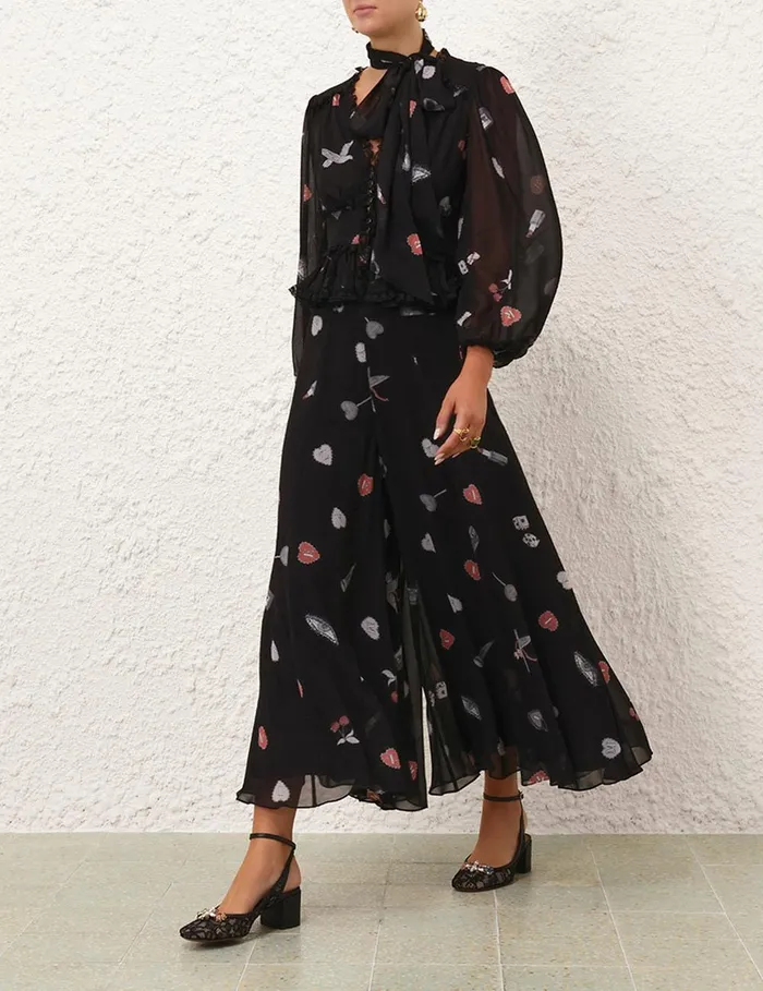 Women Clothing Zimmermann Crush Flared Culotte Black Love Letters