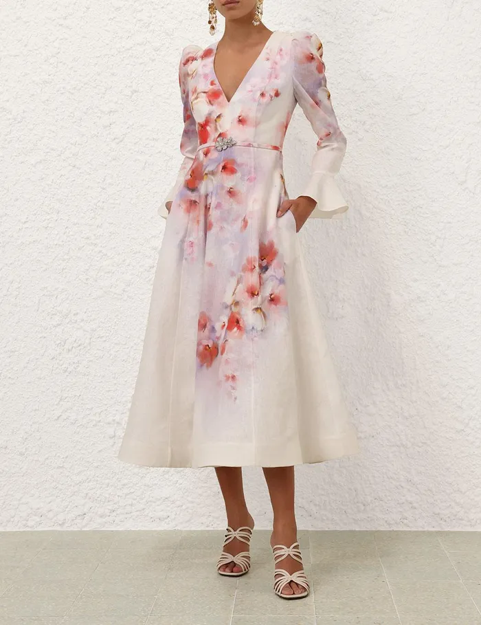 Women Clothing Zimmermann Crush Frill Sleeved Midi Dress Scarlet Floral