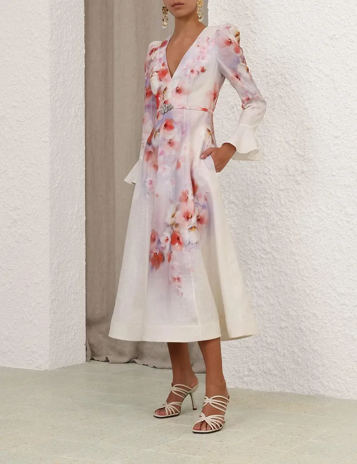 Women Clothing Zimmermann Crush Frill Sleeved Midi Dress Scarlet Floral