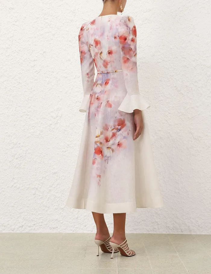 Women Clothing Zimmermann Crush Frill Sleeved Midi Dress Scarlet Floral