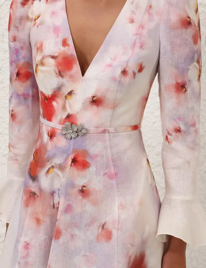 Women Clothing Zimmermann Crush Frill Sleeved Midi Dress Scarlet Floral