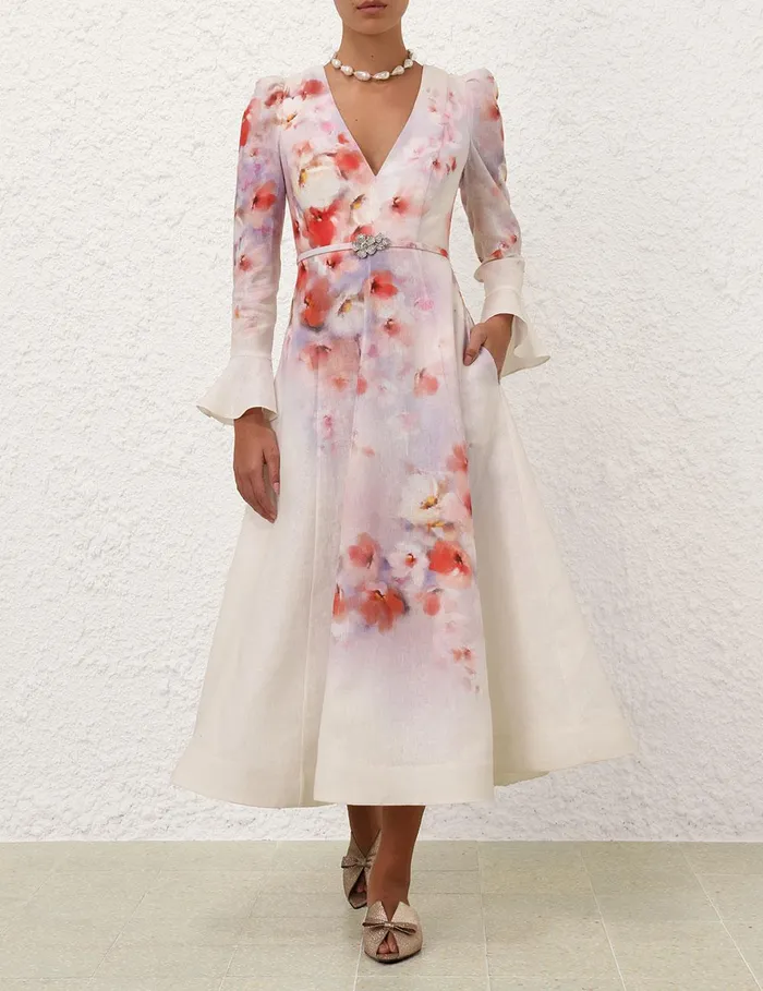 Women Clothing Zimmermann Crush Frill Sleeved Midi Dress Scarlet Floral