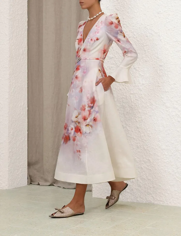 Women Clothing Zimmermann Crush Frill Sleeved Midi Dress Scarlet Floral