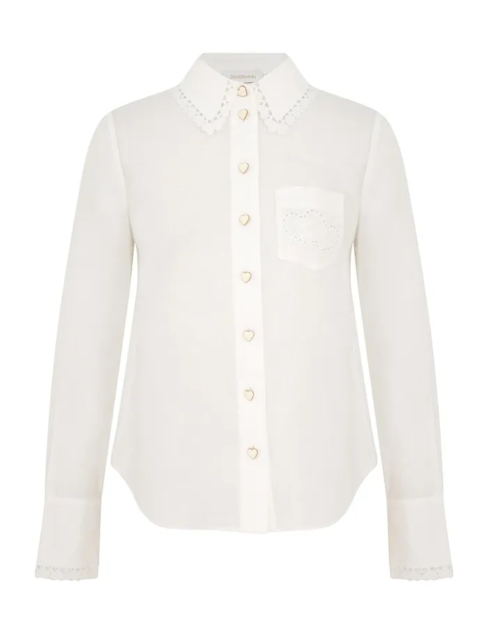 Women Clothing Zimmermann Crush Ramie Embroidered Shirt Ivory