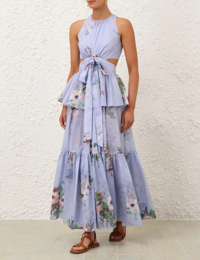Women Clothing Zimmermann Everley Draped Bow Midi Dress Light Blue Watercolour Floral