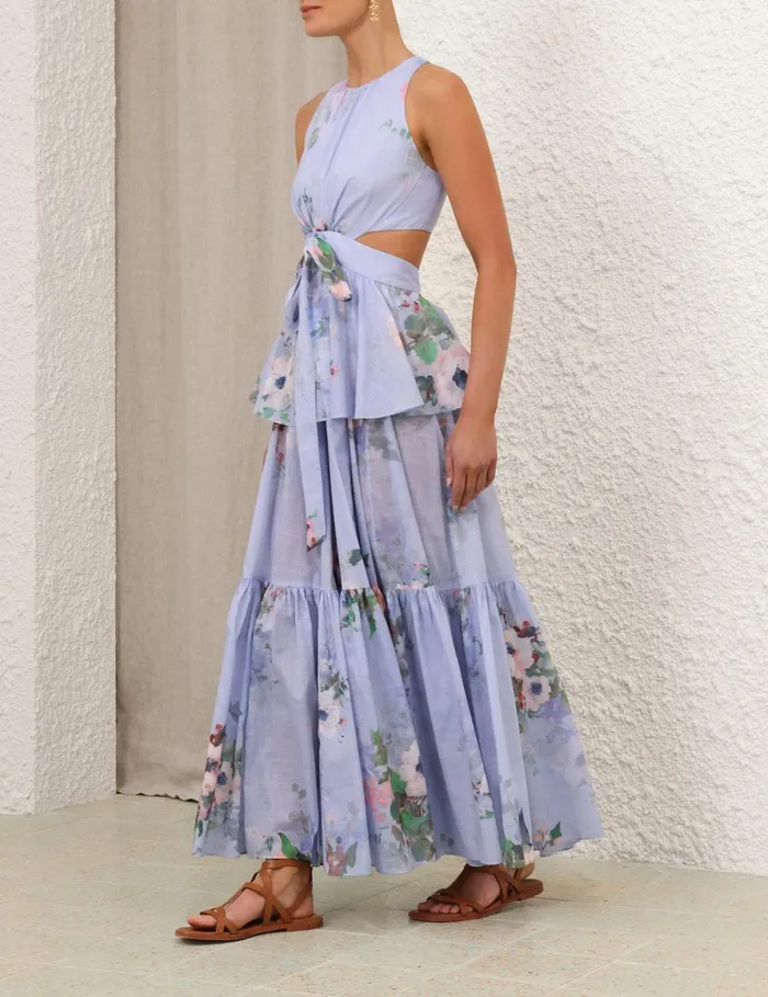 Women Clothing Zimmermann Everley Draped Bow Midi Dress Light Blue Watercolour Floral