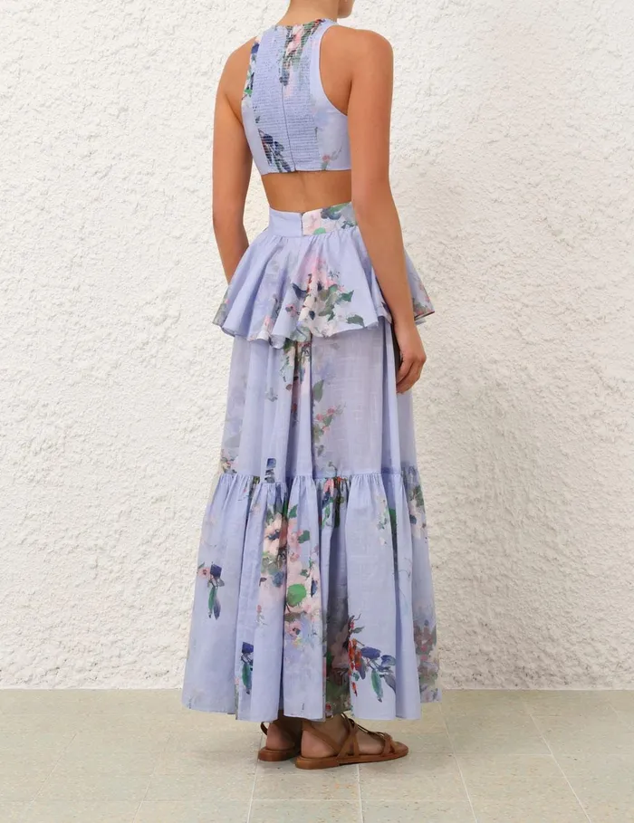 Women Clothing Zimmermann Everley Draped Bow Midi Dress Light Blue Watercolour Floral