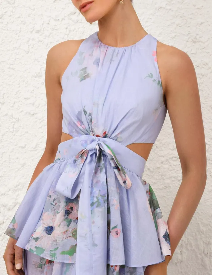 Women Clothing Zimmermann Everley Draped Bow Midi Dress Light Blue Watercolour Floral