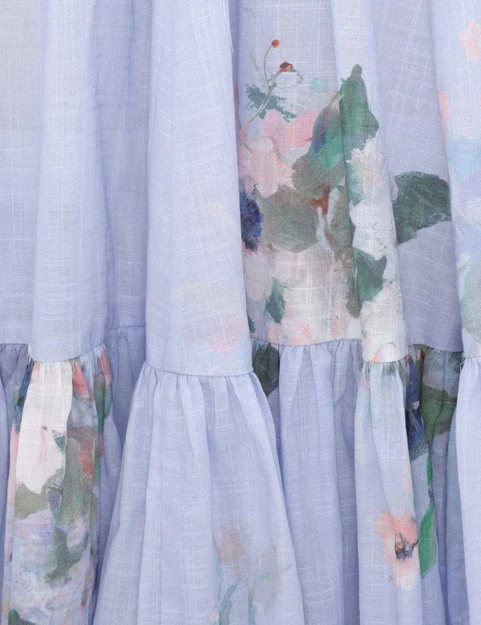 Women Clothing Zimmermann Everley Draped Bow Midi Dress Light Blue Watercolour Floral