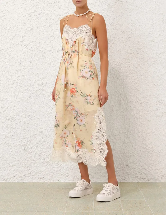 Women Clothing Zimmermann Everley Lace Trim Slip Dress Yellow Watercolour Floral