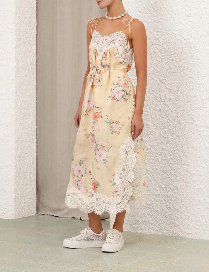 Women Clothing Zimmermann Everley Lace Trim Slip Dress Yellow Watercolour Floral