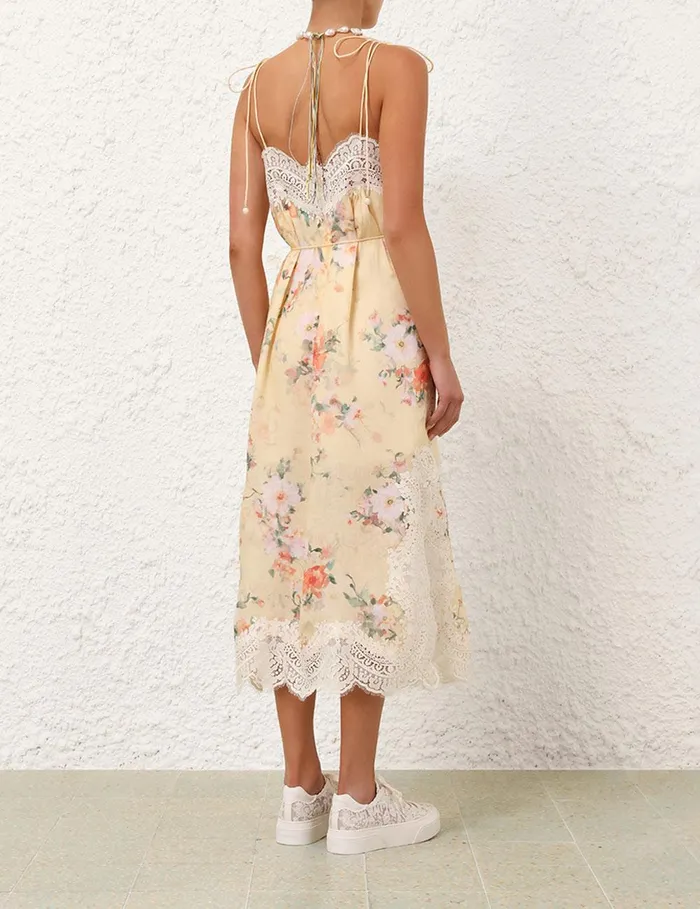 Women Clothing Zimmermann Everley Lace Trim Slip Dress Yellow Watercolour Floral