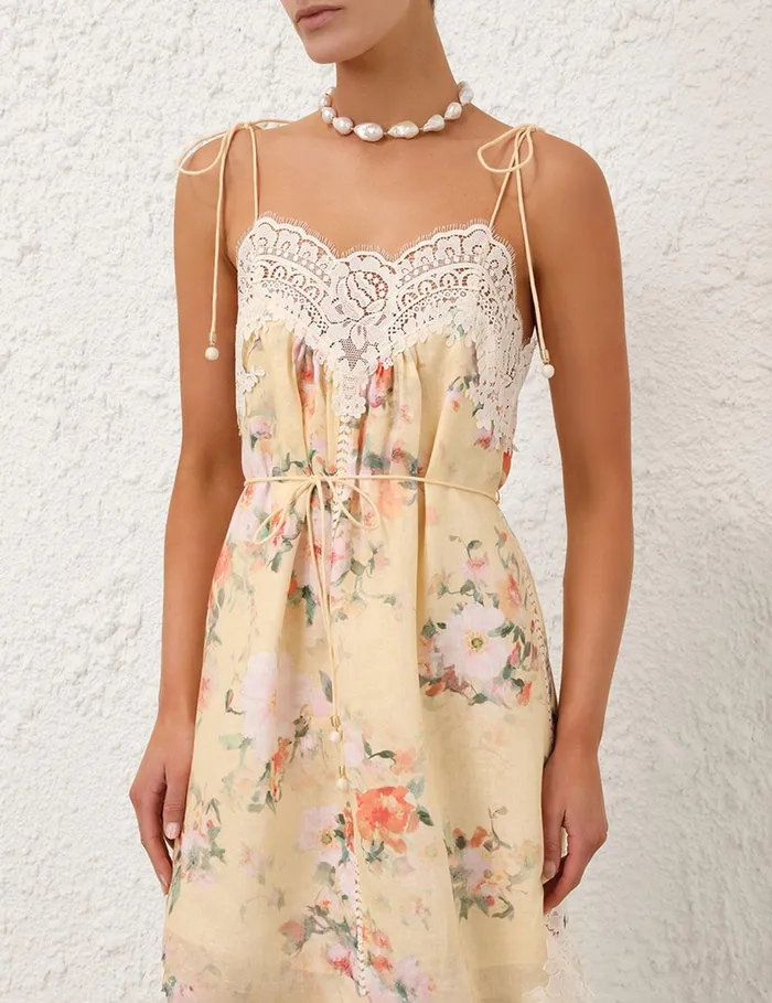 Women Clothing Zimmermann Everley Lace Trim Slip Dress Yellow Watercolour Floral