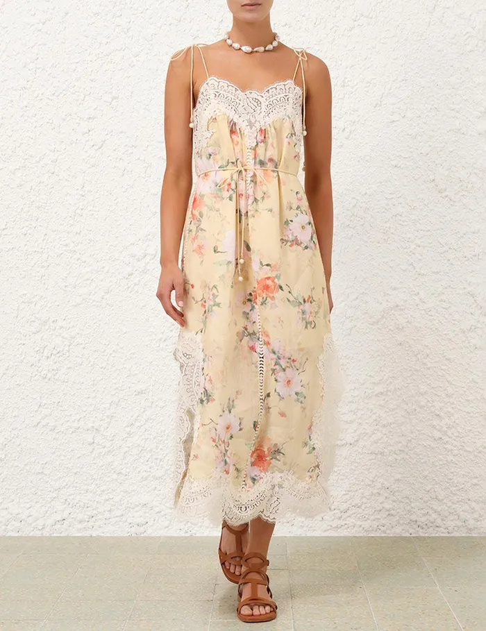 Women Clothing Zimmermann Everley Lace Trim Slip Dress Yellow Watercolour Floral