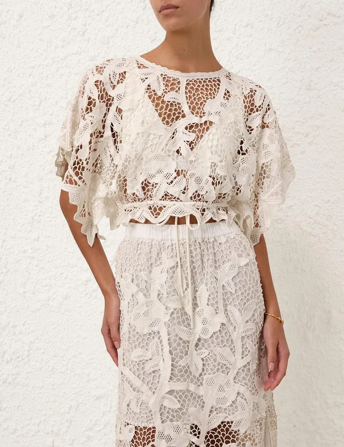 Women Clothing Zimmermann Golden Crochet Lace Top Ivory