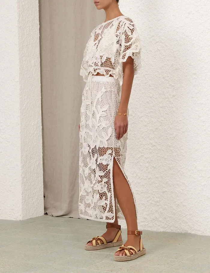 Women Clothing Zimmermann Golden Crochet Lace Top Ivory