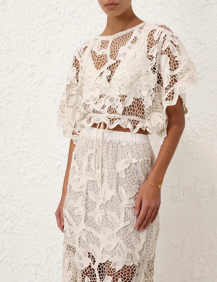 Women Clothing Zimmermann Golden Crochet Lace Top Ivory
