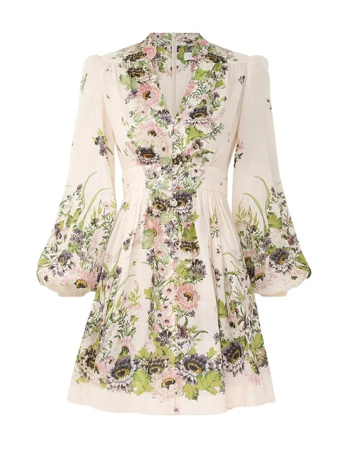 Women Clothing Zimmermann Halliday Plunge Mini Dress Cream Multi Floral