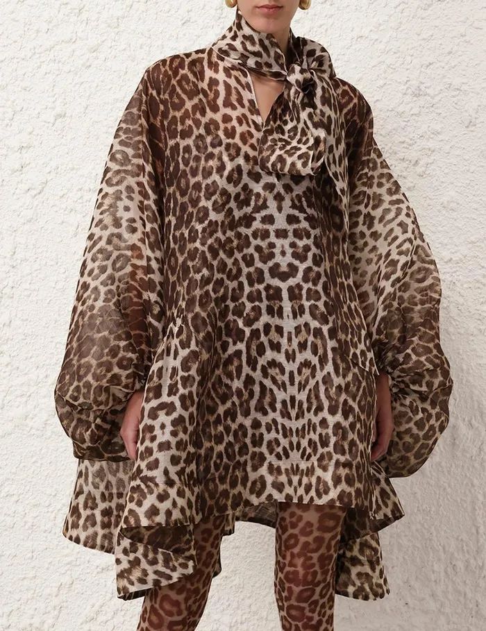 Women Clothing Zimmermann Illustration Billow Mini Dress Chocolate Leopard