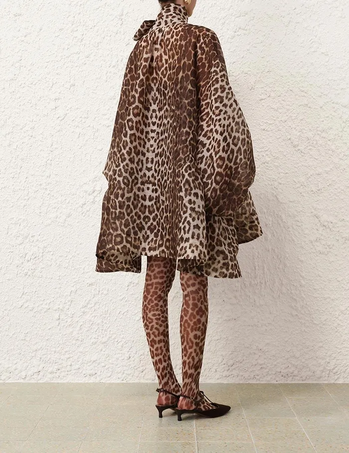Women Clothing Zimmermann Illustration Billow Mini Dress Chocolate Leopard