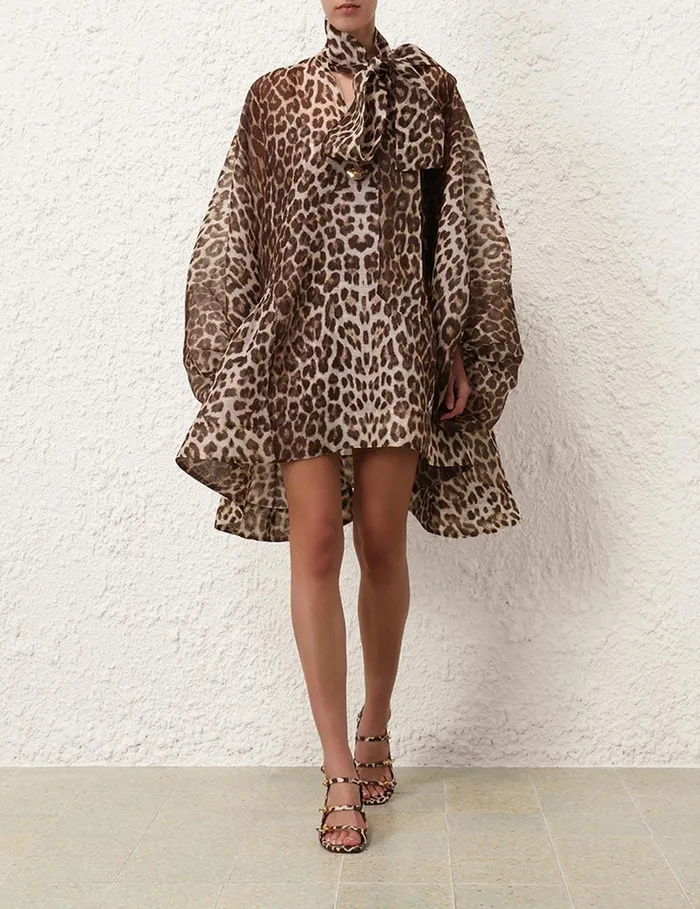 Women Clothing Zimmermann Illustration Billow Mini Dress Chocolate Leopard