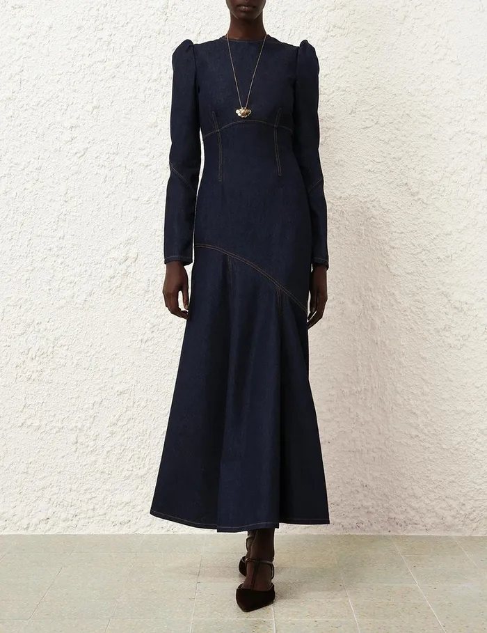 Women Clothing Zimmermann Illustration Denim Maxi Dress Night Sky