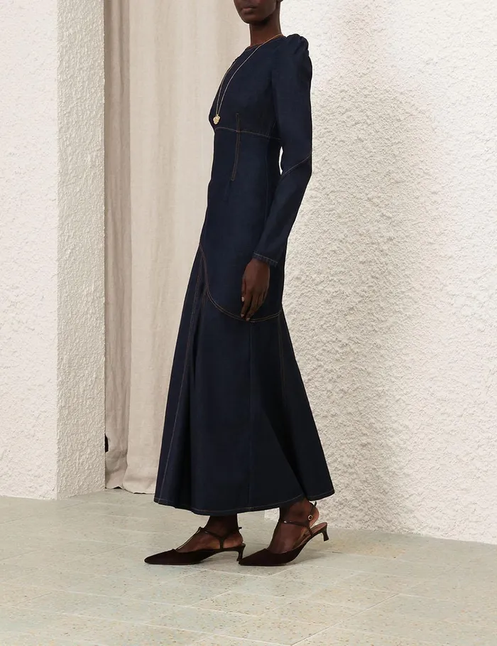 Women Clothing Zimmermann Illustration Denim Maxi Dress Night Sky